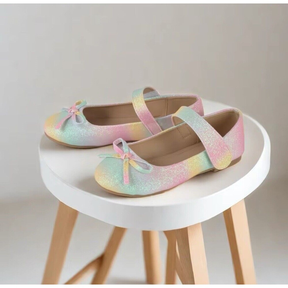 Girls Rainbow Glitter Shimmer Ombre Mary Jane Shoes Bows Flats Ballet EUR 30 12